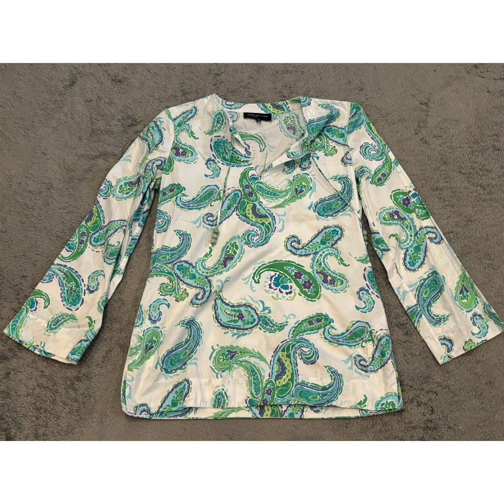 Jones New York Signature Top Womens Small White Paisley V Neck Boho Festival